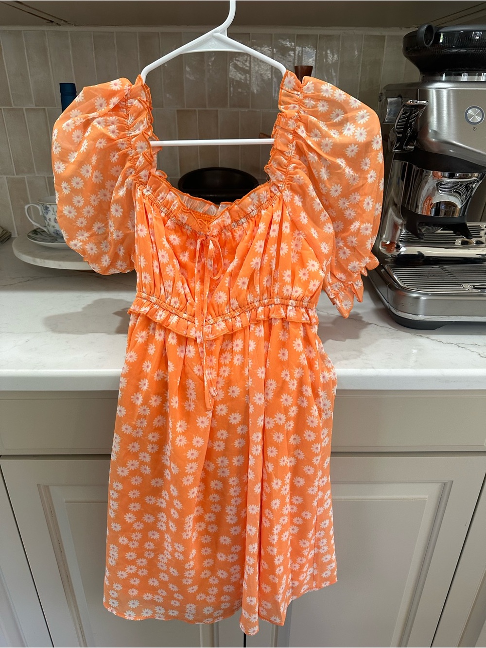Lily Bright Orange Daisy Puff-Sleeve Mini Dress
